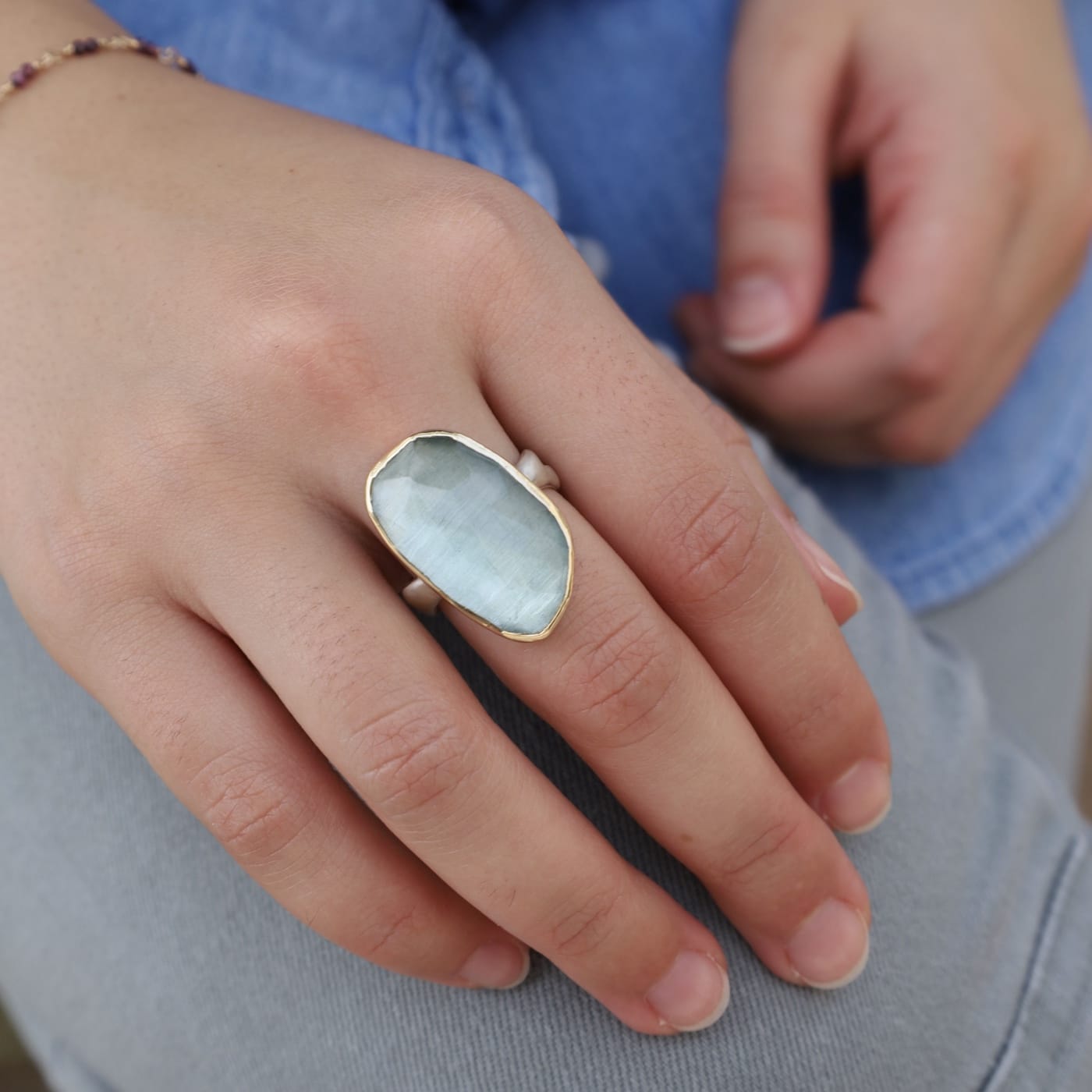 RNG 14k Gold and Sterling Silver Aquamarine Sea Kelp Cocktail Ring