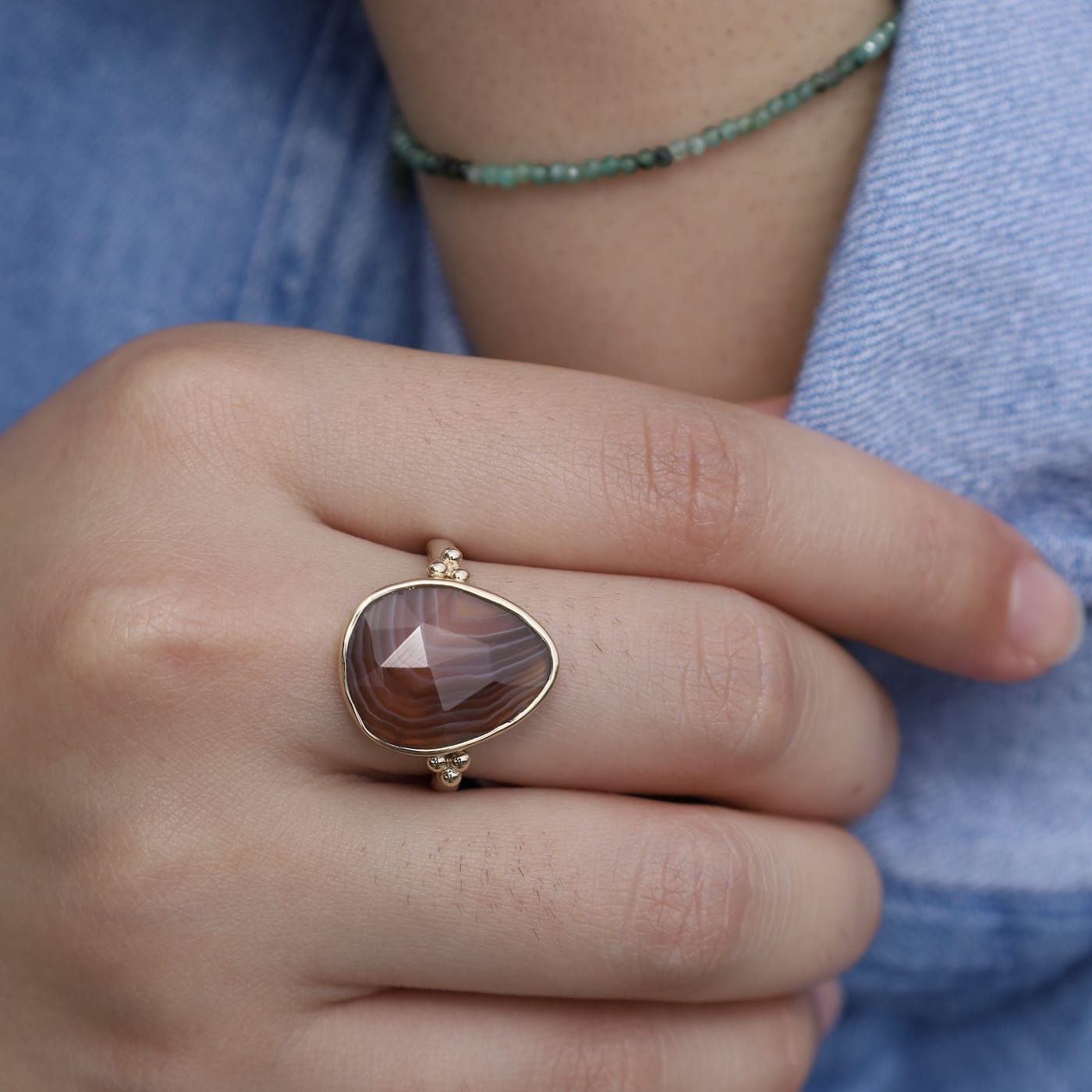 RNG 14k Gold and Sterling Silver Banded Agate Ring