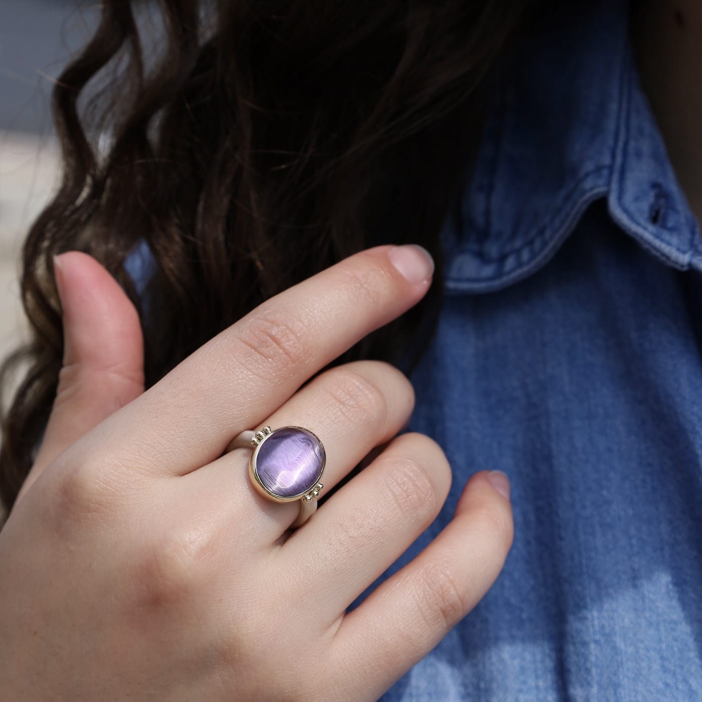 RNG 14k Gold and Sterling Silver Sugarloaf Amethyst Sea Kelp Ring