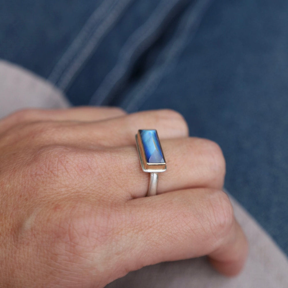 
                      
                        RNG-14K Jamie Joseph Extra Small Rectangular Inverted Blue Rainbow Moonstone Ring
                      
                    