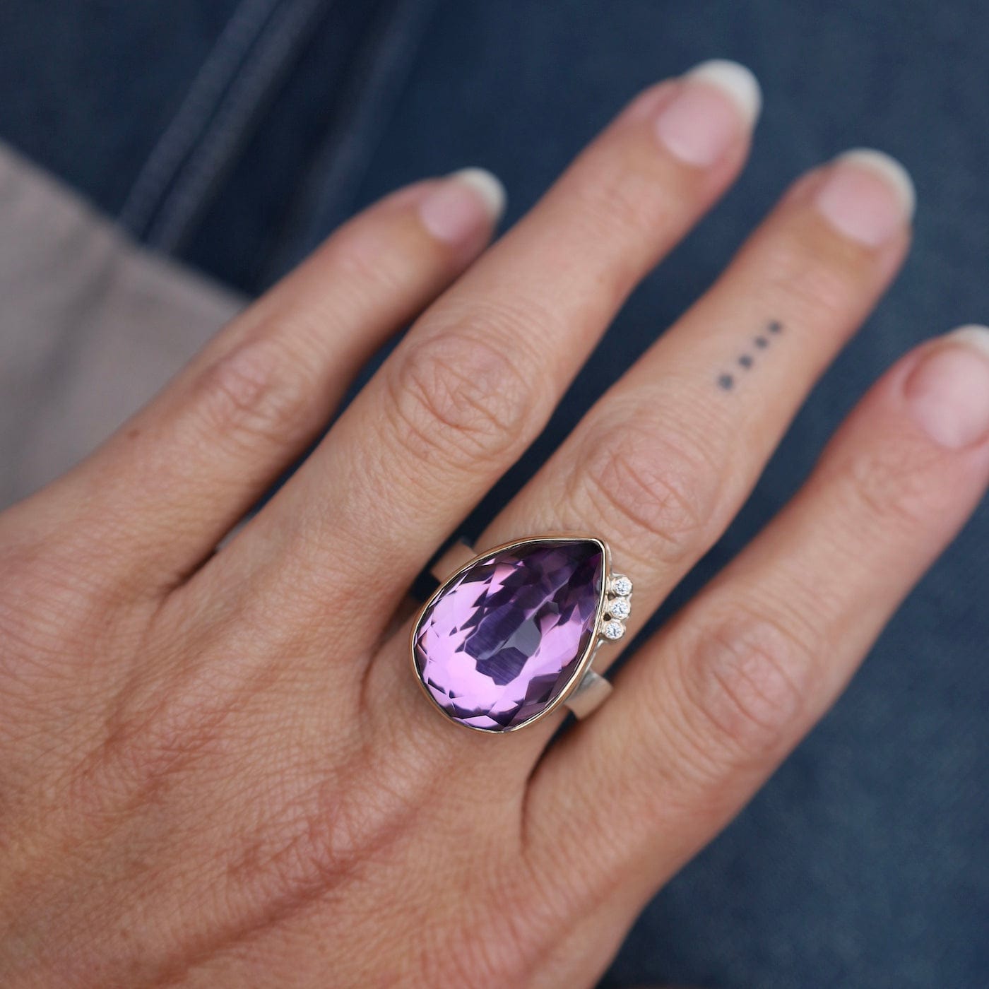 RNG-14K Jamie Joseph Vertical Inverted Teardrop Amethyst & Triple Satellite Diamond Ring