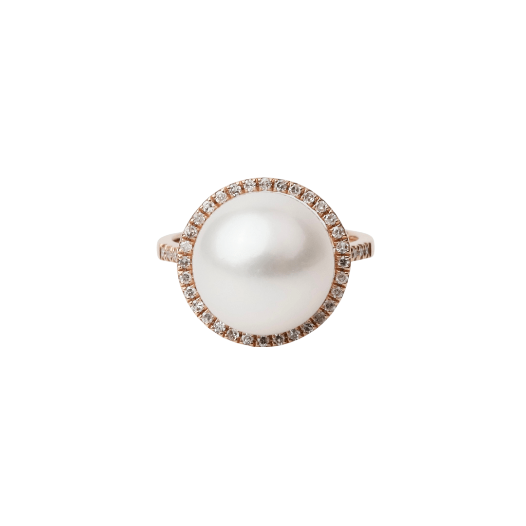 RNG-14K Large Pearl Ring with Diamond Halo