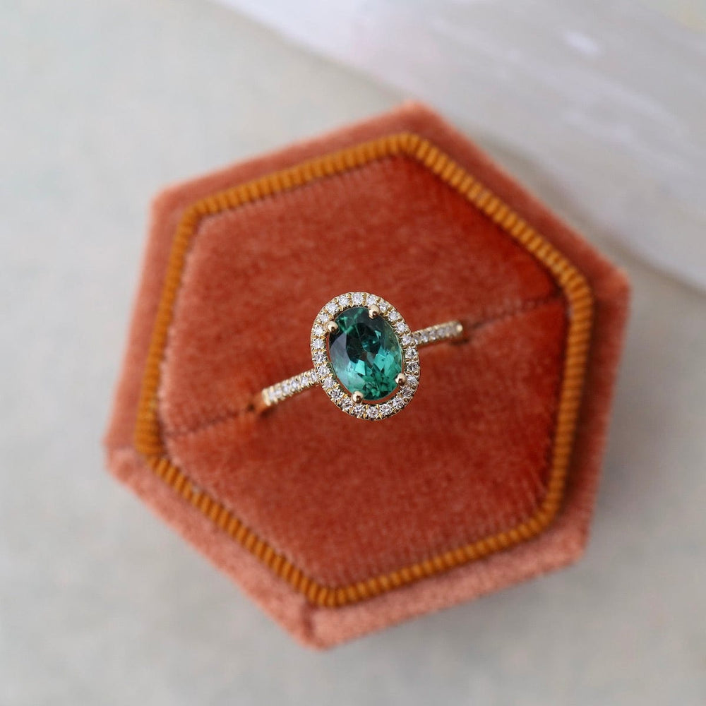 
                      
                        RNG-14K Oval Green Tourmaline with White Diamond Halo Ring
                      
                    