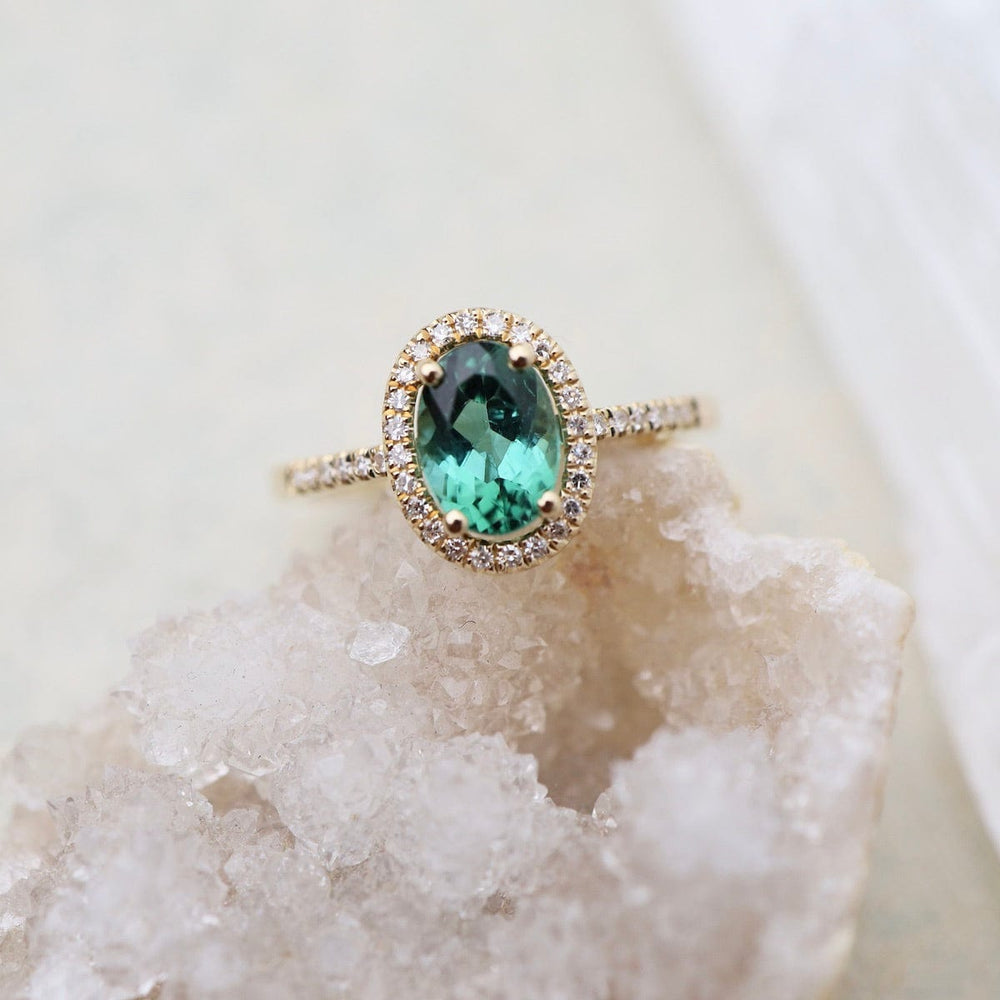 RNG-14K Oval Green Tourmaline with White Diamond Halo Ring