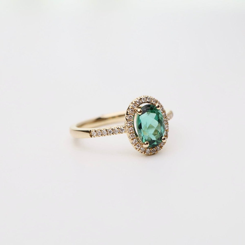 
                      
                        RNG-14K Oval Green Tourmaline with White Diamond Halo Ring
                      
                    