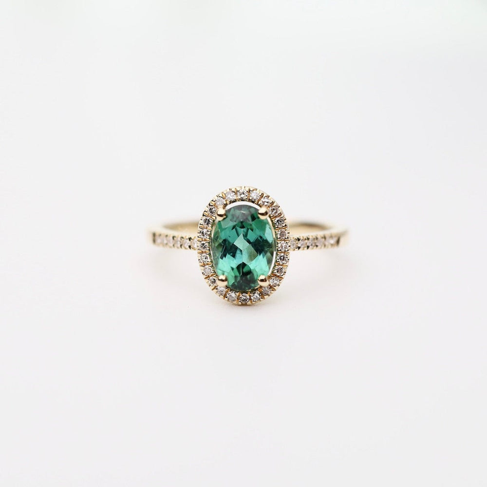 
                      
                        RNG-14K Oval Green Tourmaline with White Diamond Halo Ring
                      
                    