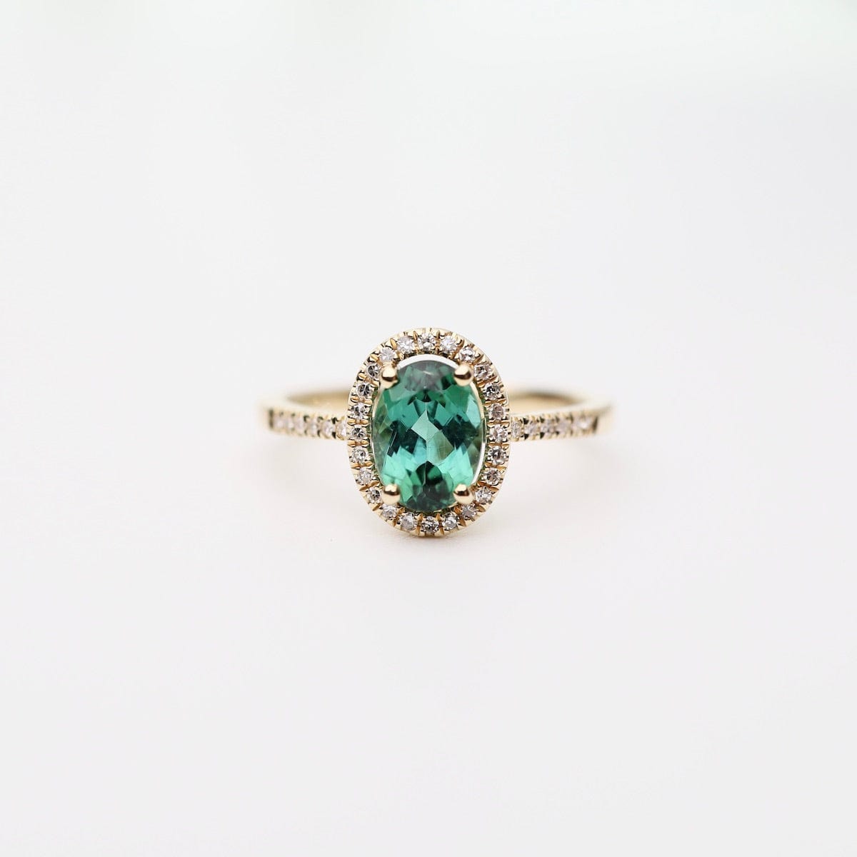 RNG-14K Oval Green Tourmaline with White Diamond Halo Ring
