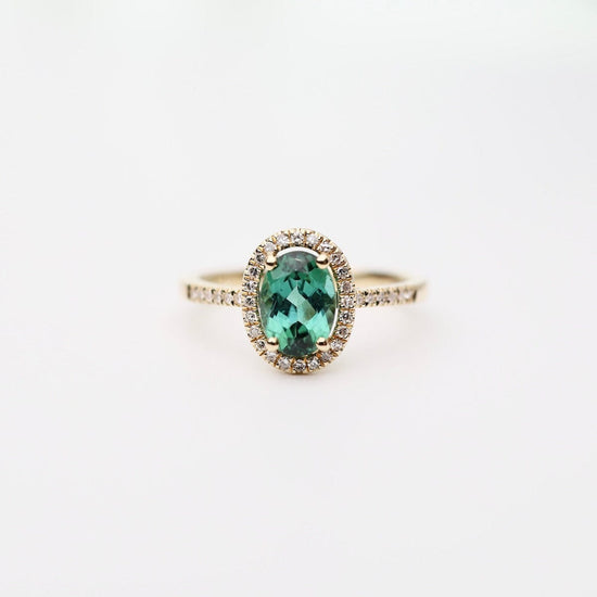 RNG-14K Oval Green Tourmaline with White Diamond Halo Ring