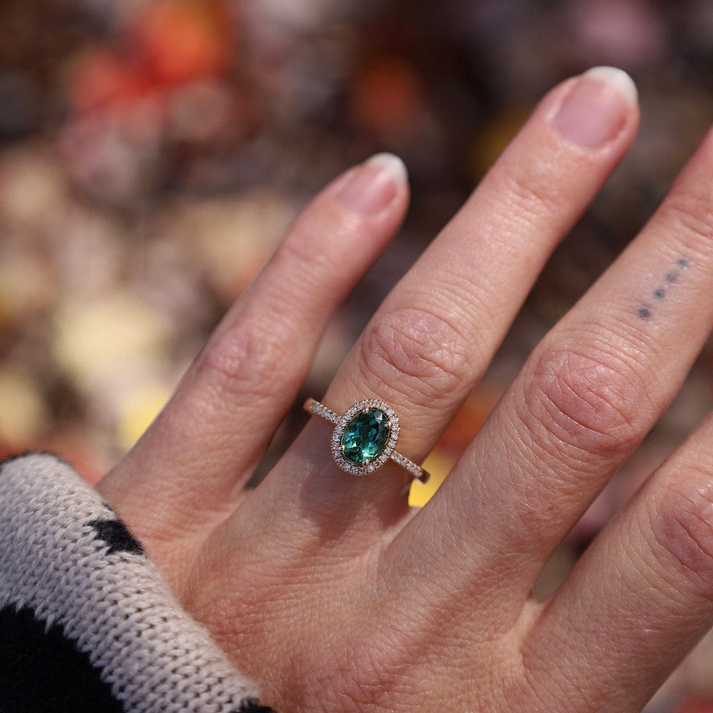 
                      
                        RNG-14K Oval Green Tourmaline with White Diamond Halo Ring
                      
                    