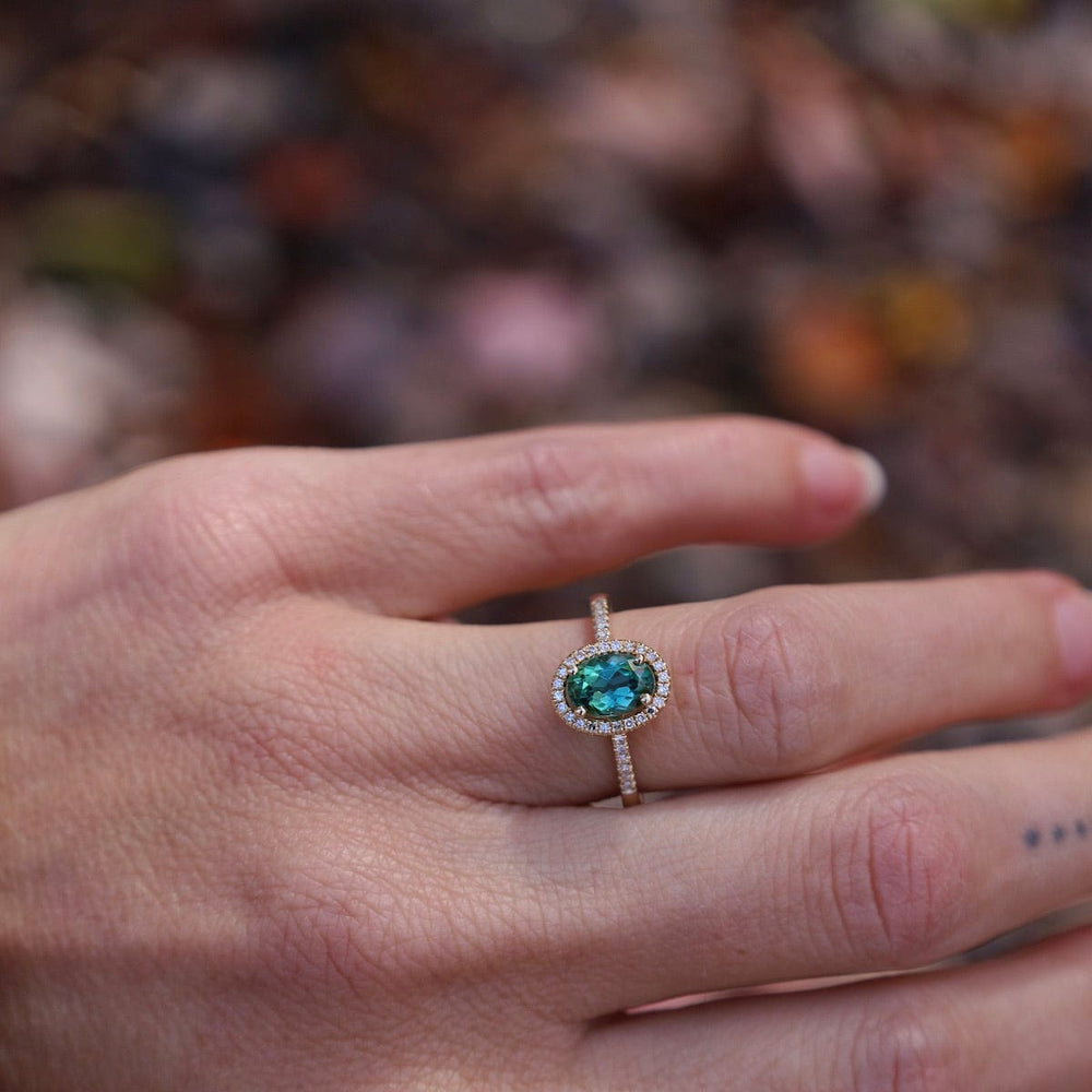 
                      
                        RNG-14K Oval Green Tourmaline with White Diamond Halo Ring
                      
                    