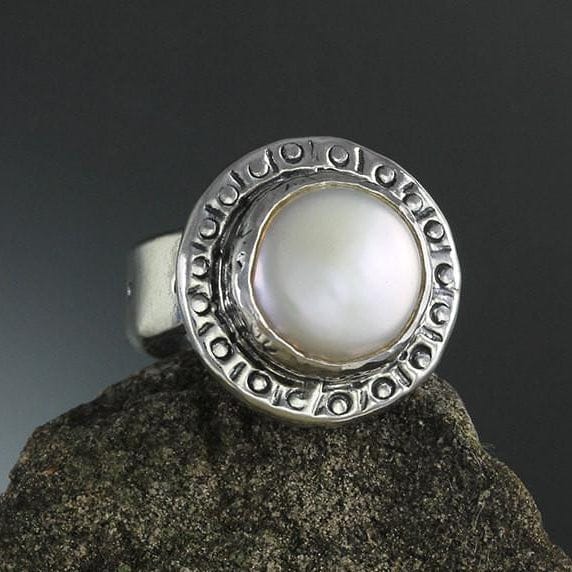 RNG-14K Pearl in Stamped Bezel Ring
