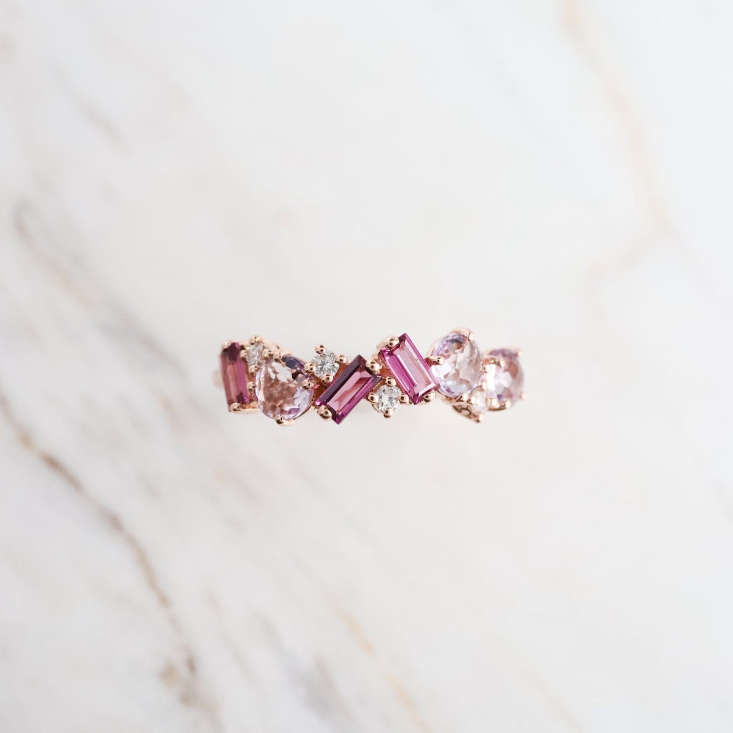 RNG-14K Rose Gold Mixed Cut Rose de France & Rhodolite Ring