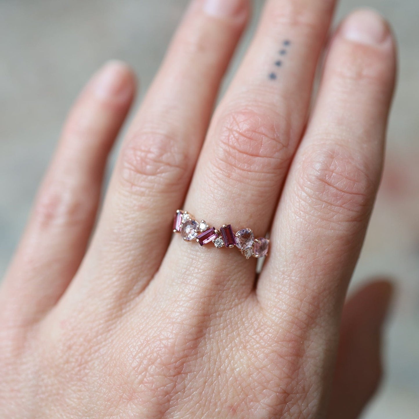 RNG-14K Rose Gold Mixed Cut Rose de France & Rhodolite Ring