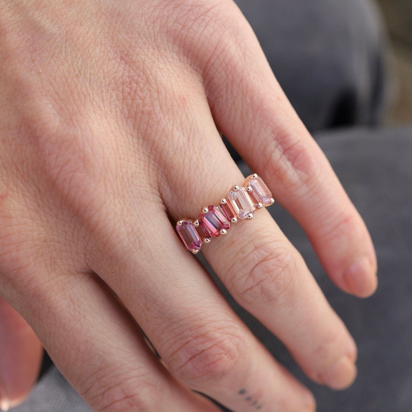 RNG-14K Rose Gold Mixed Pink Topaz Half Band Ring