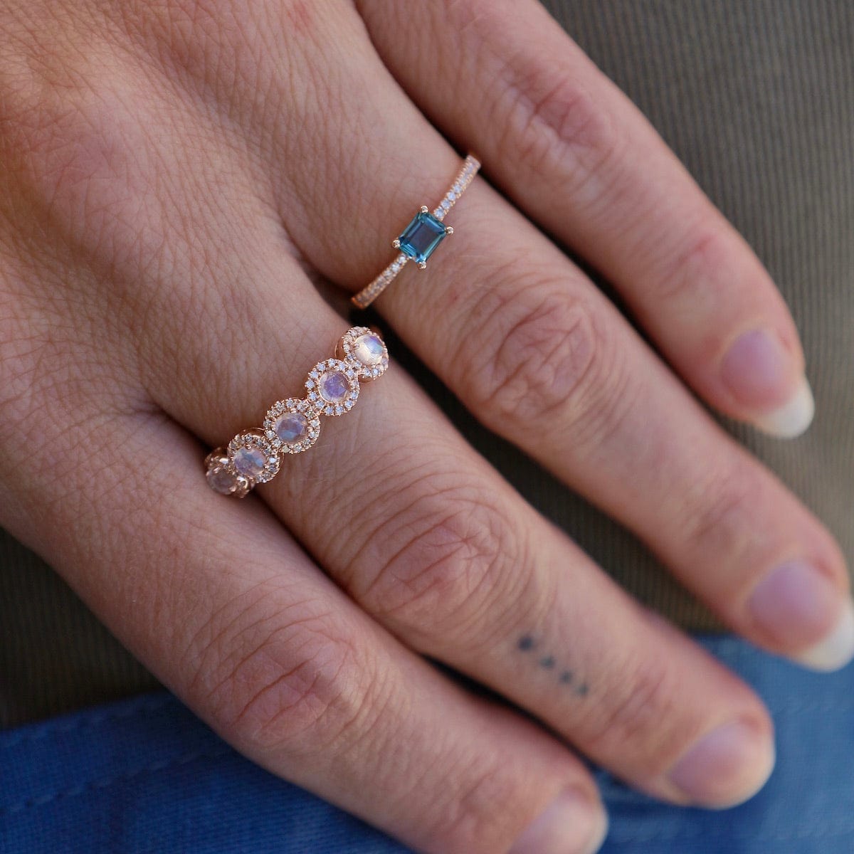 RNG-14K Rosie Halfway Band with Rainbow Moonstone Ring