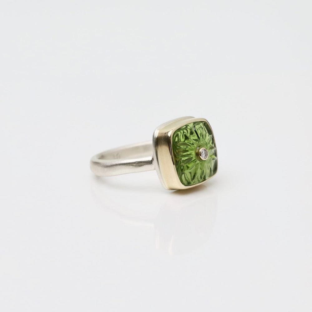 
                  
                    RNG-14K Sterling & 14K Gold Ring w/ Carved Flower Peridot
                  
                