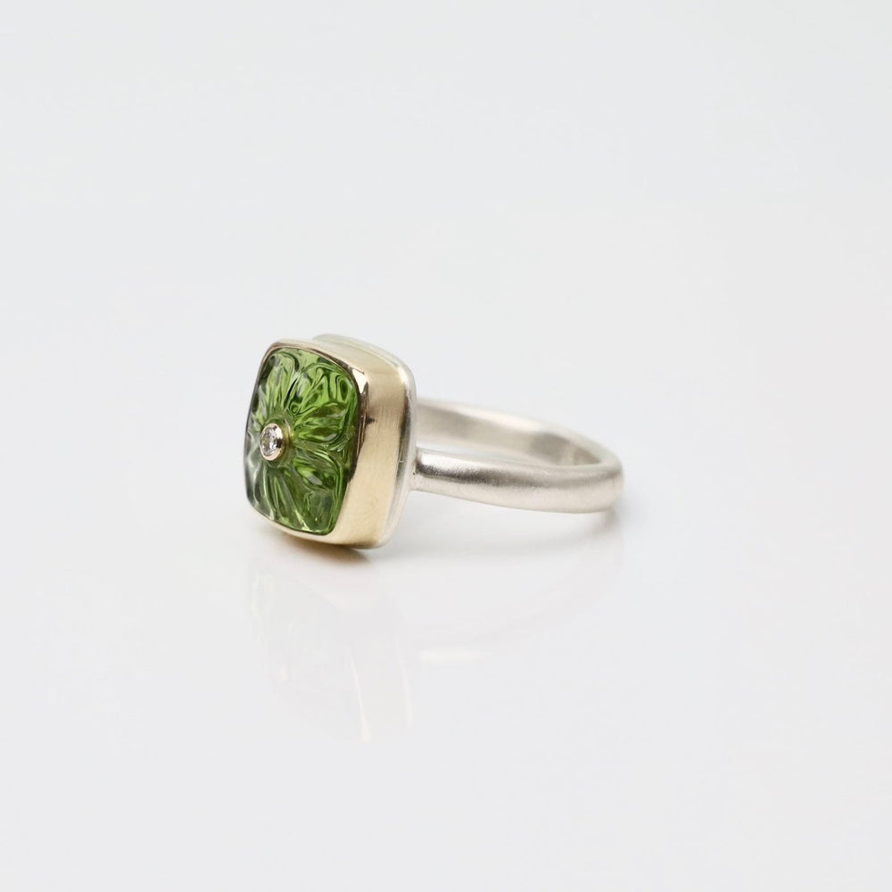 
                  
                    RNG-14K Sterling & 14K Gold Ring w/ Carved Flower Peridot
                  
                