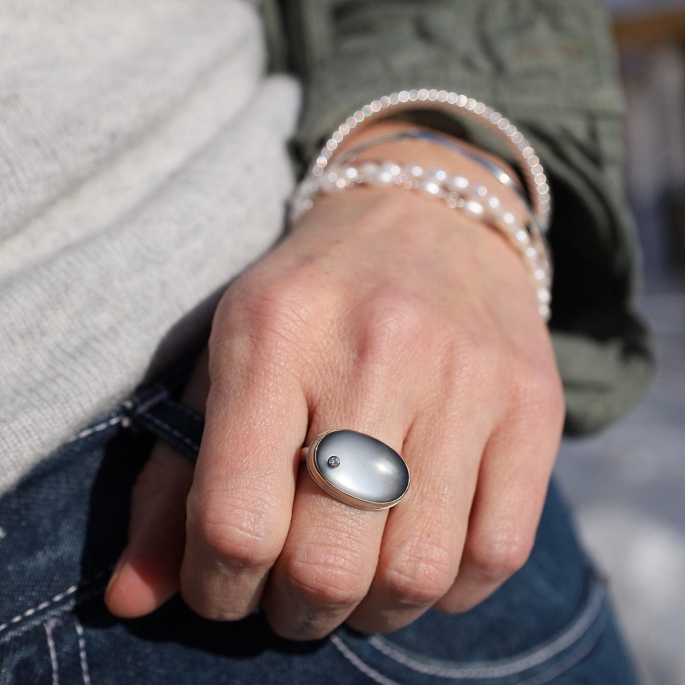 RNG-14K Sterling & 14K Gold Ring w/ Oval Smooth GREY MOONS