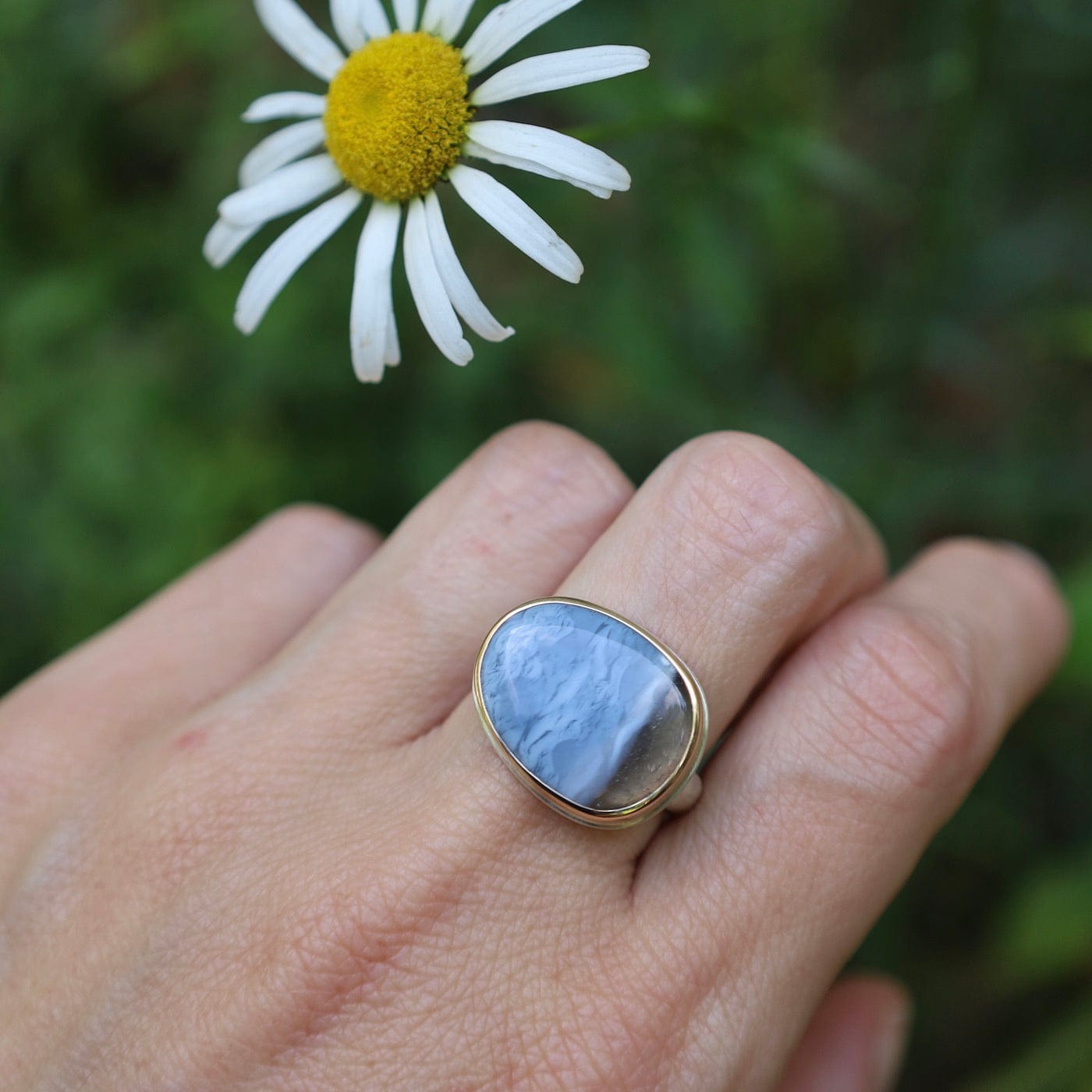 RNG-14K Sterling & 14K Gold Ring with Asymmetrical Indian Blue Opal