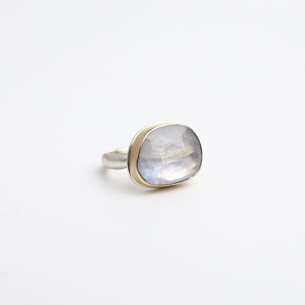 
                      
                        RNG-14K Sterling & 14K Gold Ring with Asymmetrical Rose Cut White Rainbow Moonstone
                      
                    