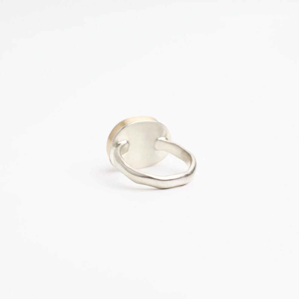 
                      
                        RNG-14K Sterling & 14K Gold Ring with Asymmetrical Rose Cut White Rainbow Moonstone
                      
                    