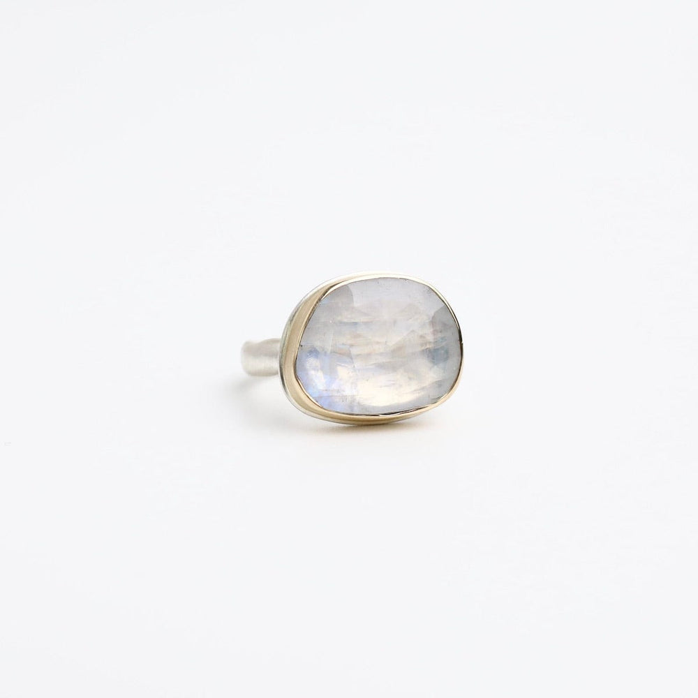 
                      
                        RNG-14K Sterling & 14K Gold Ring with Asymmetrical Rose Cut White Rainbow Moonstone
                      
                    