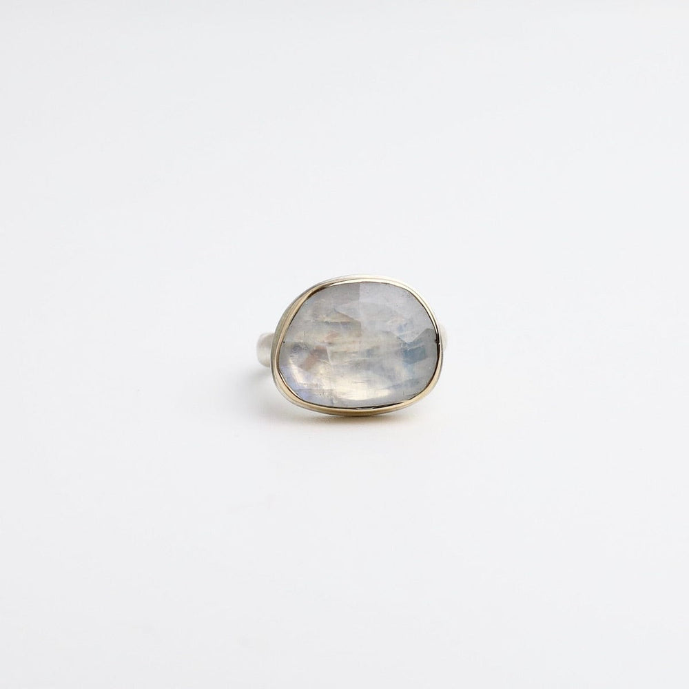 
                      
                        RNG-14K Sterling & 14K Gold Ring with Asymmetrical Rose Cut White Rainbow Moonstone
                      
                    