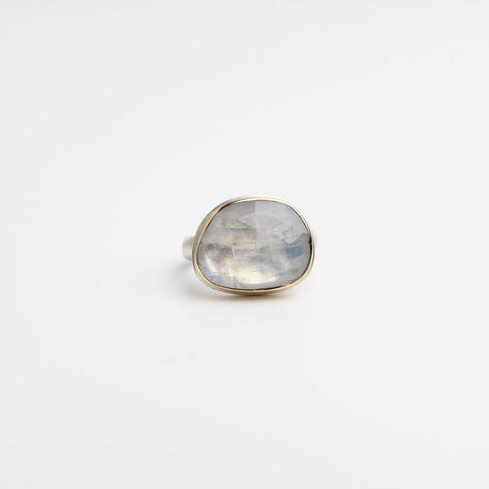 RNG-14K Sterling & 14K Gold Ring with Asymmetrical Rose Cut White Rainbow Moonstone