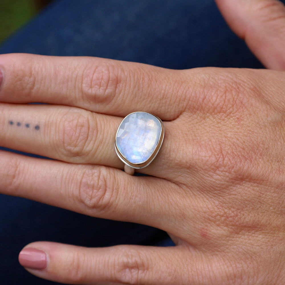 
                      
                        RNG-14K Sterling & 14K Gold Ring with Asymmetrical Rose Cut White Rainbow Moonstone
                      
                    