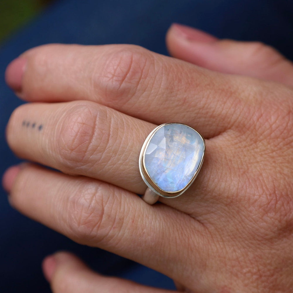 
                      
                        RNG-14K Sterling & 14K Gold Ring with Asymmetrical Rose Cut White Rainbow Moonstone
                      
                    