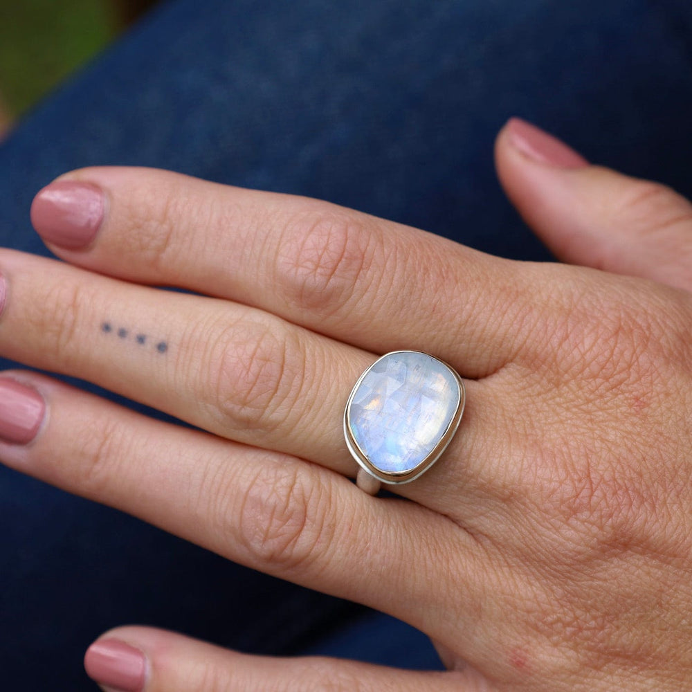 
                      
                        RNG-14K Sterling & 14K Gold Ring with Asymmetrical Rose Cut White Rainbow Moonstone
                      
                    