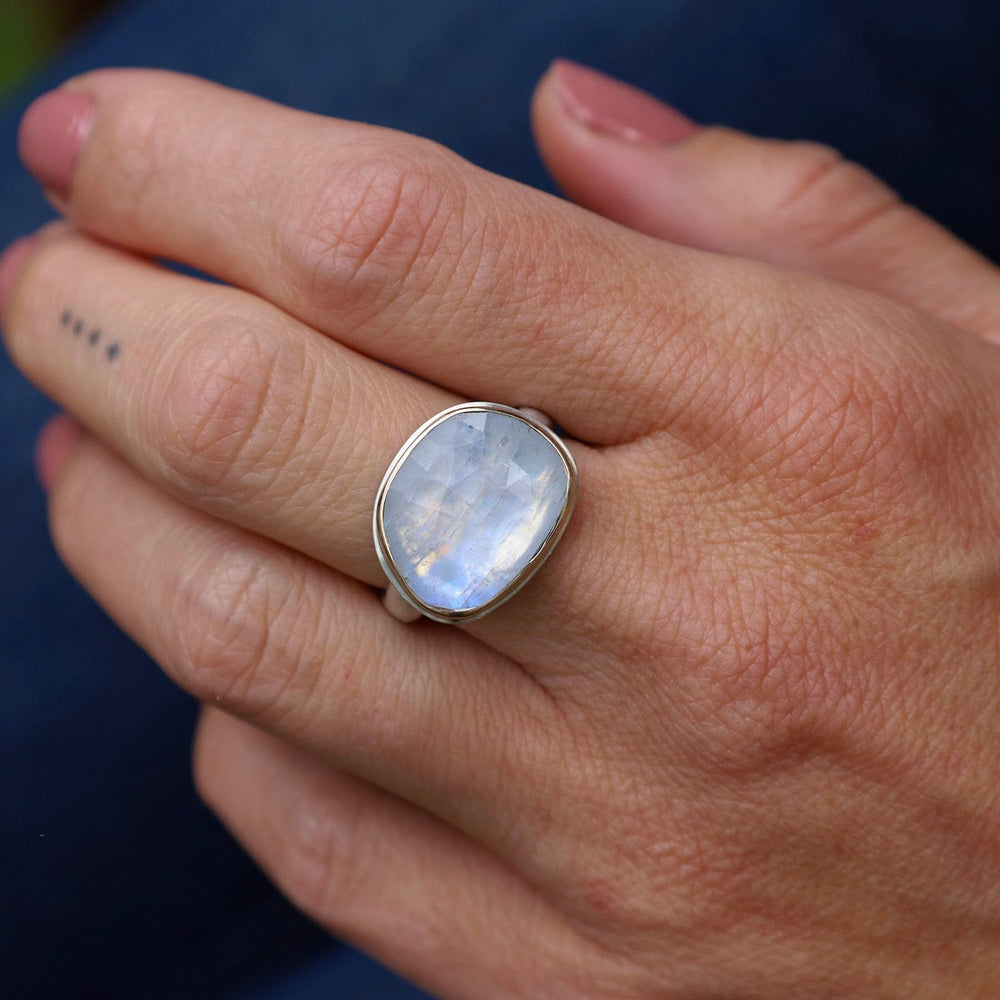 
                      
                        RNG-14K Sterling & 14K Gold Ring with Asymmetrical Rose Cut White Rainbow Moonstone
                      
                    