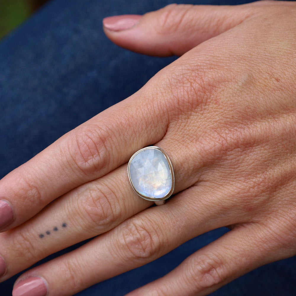 
                      
                        RNG-14K Sterling & 14K Gold Ring with Asymmetrical Rose Cut White Rainbow Moonstone
                      
                    