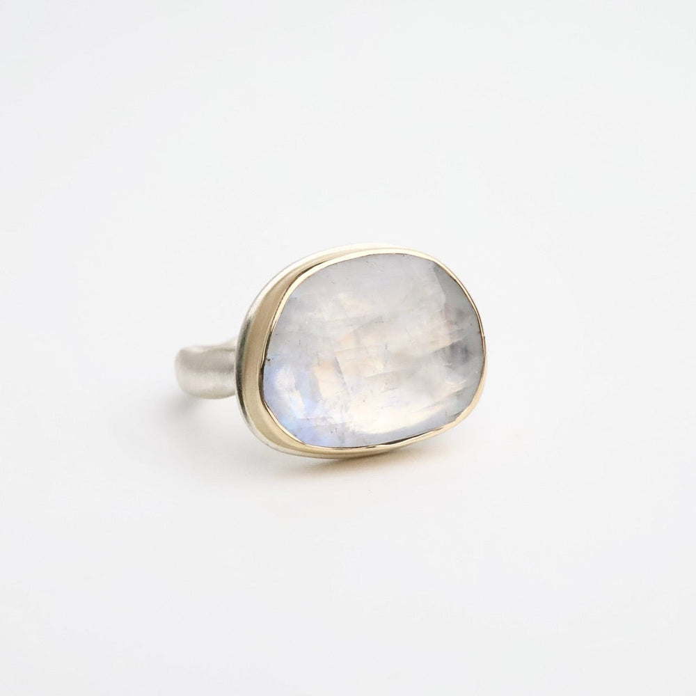 
                      
                        RNG-14K Sterling & 14K Gold Ring with Asymmetrical Rose Cut White Rainbow Moonstone
                      
                    