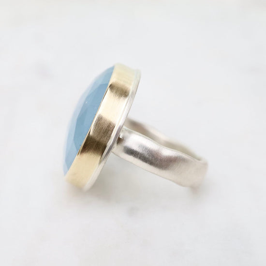 RNG-14K Sterling & 14K Gold Ring with Large Round Rose Cut Aquamarine