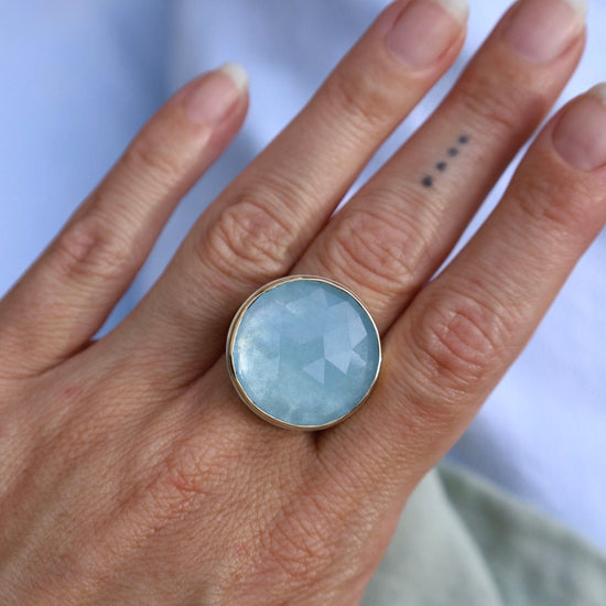 RNG-14K Sterling & 14K Gold Ring with Large Round Rose Cut Aquamarine