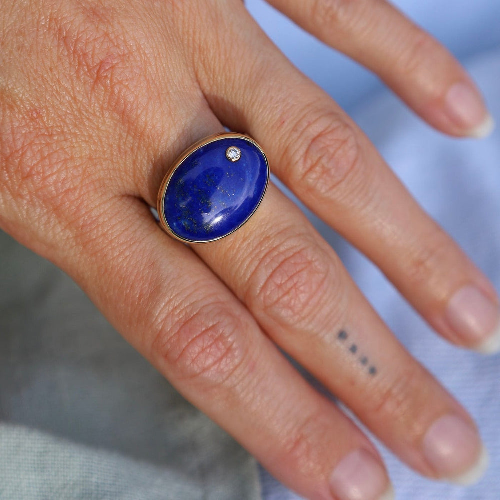 RNG-14K Sterling & 14K Gold Ring with Oval Smooth Lapis & Diamond