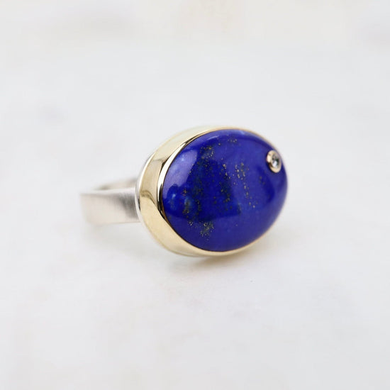 RNG-14K Sterling & 14K Gold Ring with Oval Smooth Lapis & Diamond