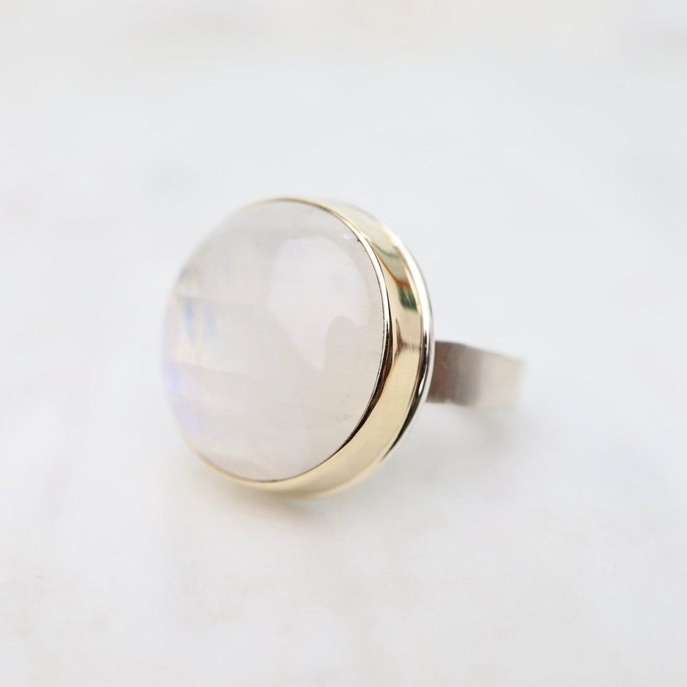 
                      
                        RNG-14K Sterling & 14K Gold Ring with Round Smooth White Rainbow Moonstone
                      
                    