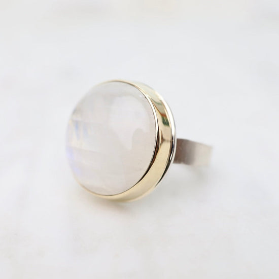RNG-14K Sterling & 14K Gold Ring with Round Smooth White Rainbow Moonstone