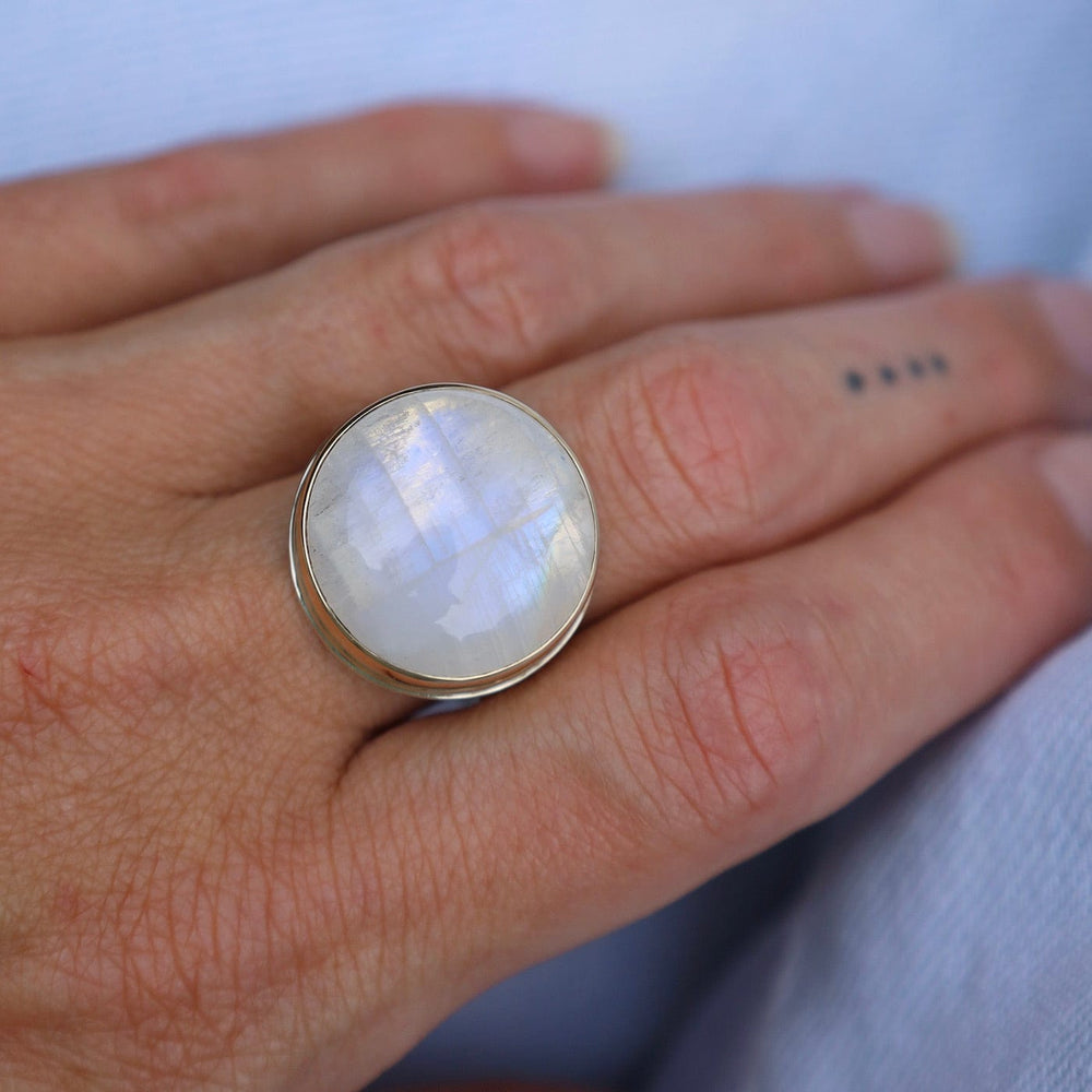 
                      
                        RNG-14K Sterling & 14K Gold Ring with Round Smooth White Rainbow Moonstone
                      
                    