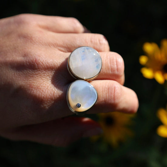 RNG-14K Sterling & 14K Gold Ring with Round Smooth White Rainbow Moonstone