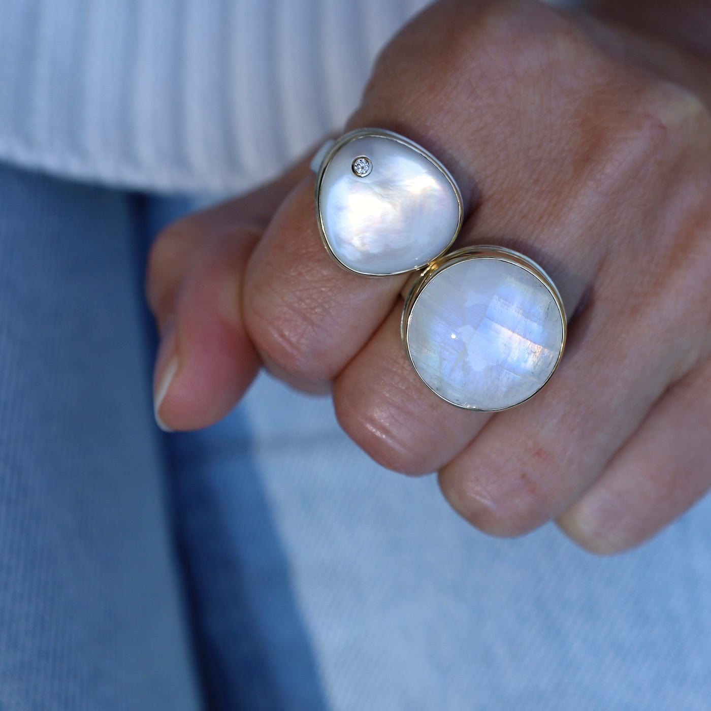 Jamie Joseph Round Smooth White Rainbow Moonstone Ring