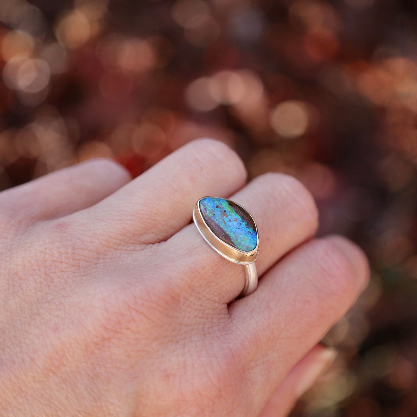 RNG-14K Sterling & 14K Gold Ring with Small Asymmetrical Boulder Opal