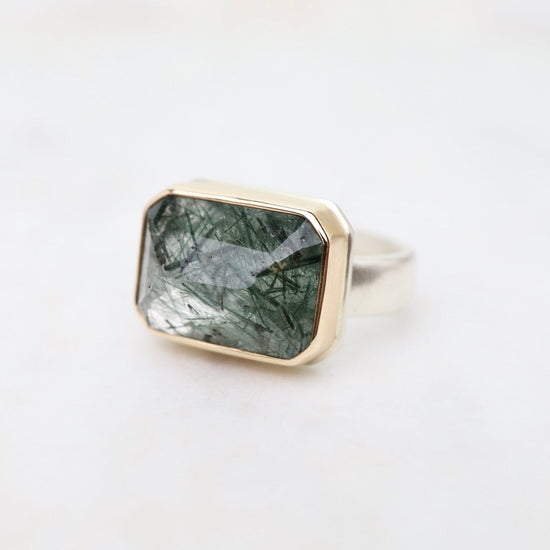 RNG-14K Sterling & 14K Gold Ring with Small Rectangular Inverted Green Rutilated Quartz