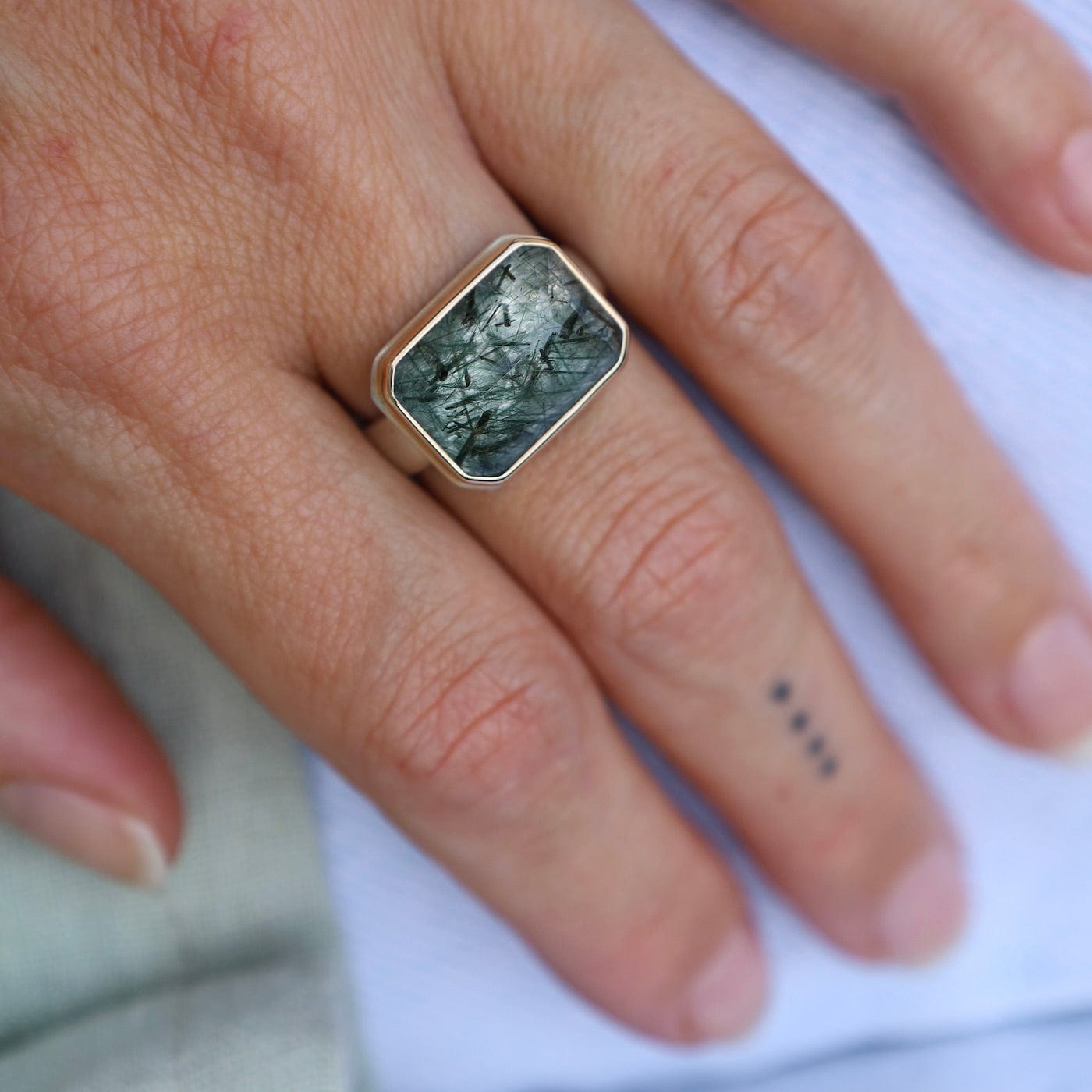 RNG-14K Sterling & 14K Gold Ring with Small Rectangular Inverted Green Rutilated Quartz