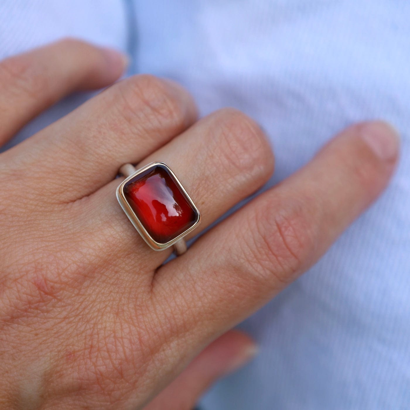 RNG-14K Sterling & 14K Gold Ring with Small Rectangular Smooth Hessonite Garnet