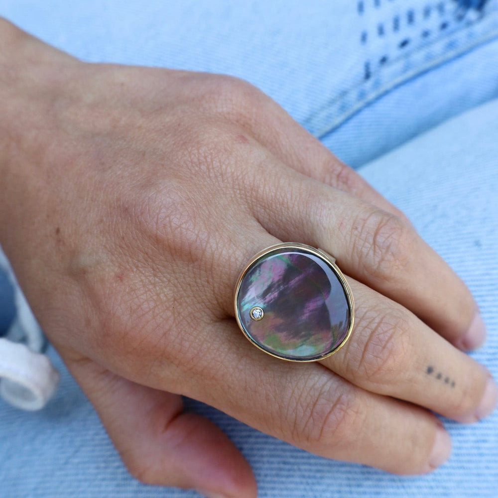 
                      
                        RNG-14K Sterling & 14K Gold Ring with Smooth Black Mother of Pearl and Diamond
                      
                    