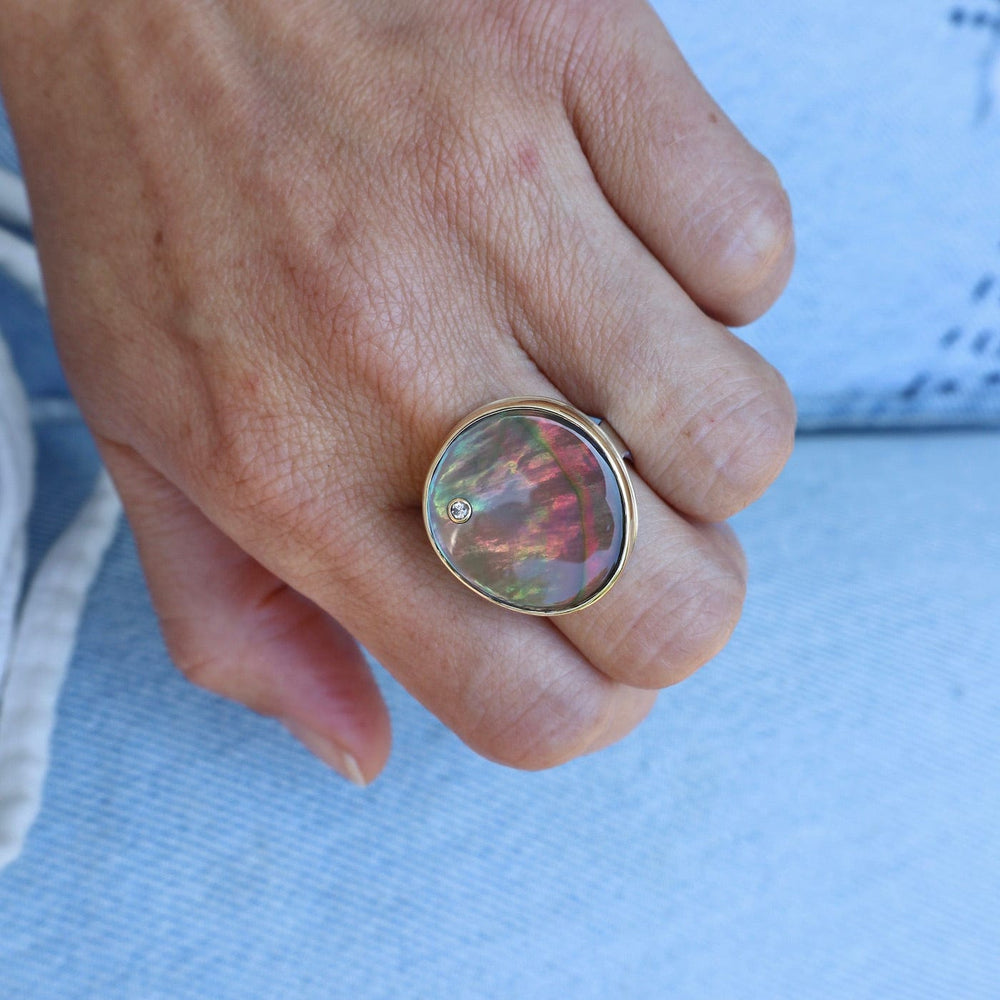 
                      
                        RNG-14K Sterling & 14K Gold Ring with Smooth Black Mother of Pearl and Diamond
                      
                    