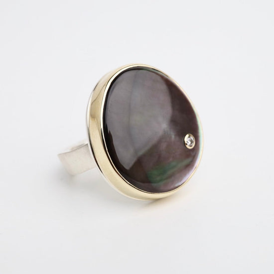 RNG-14K Sterling & 14K Gold Ring with Smooth Black Mother of Pearl and Diamond